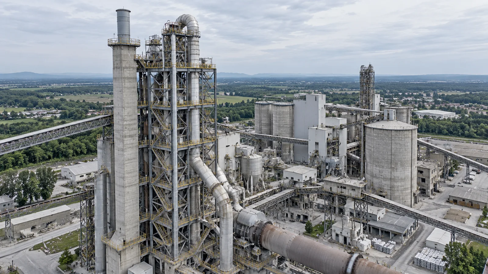Aerial view of a concrete and steel industrial structure from standoff distance