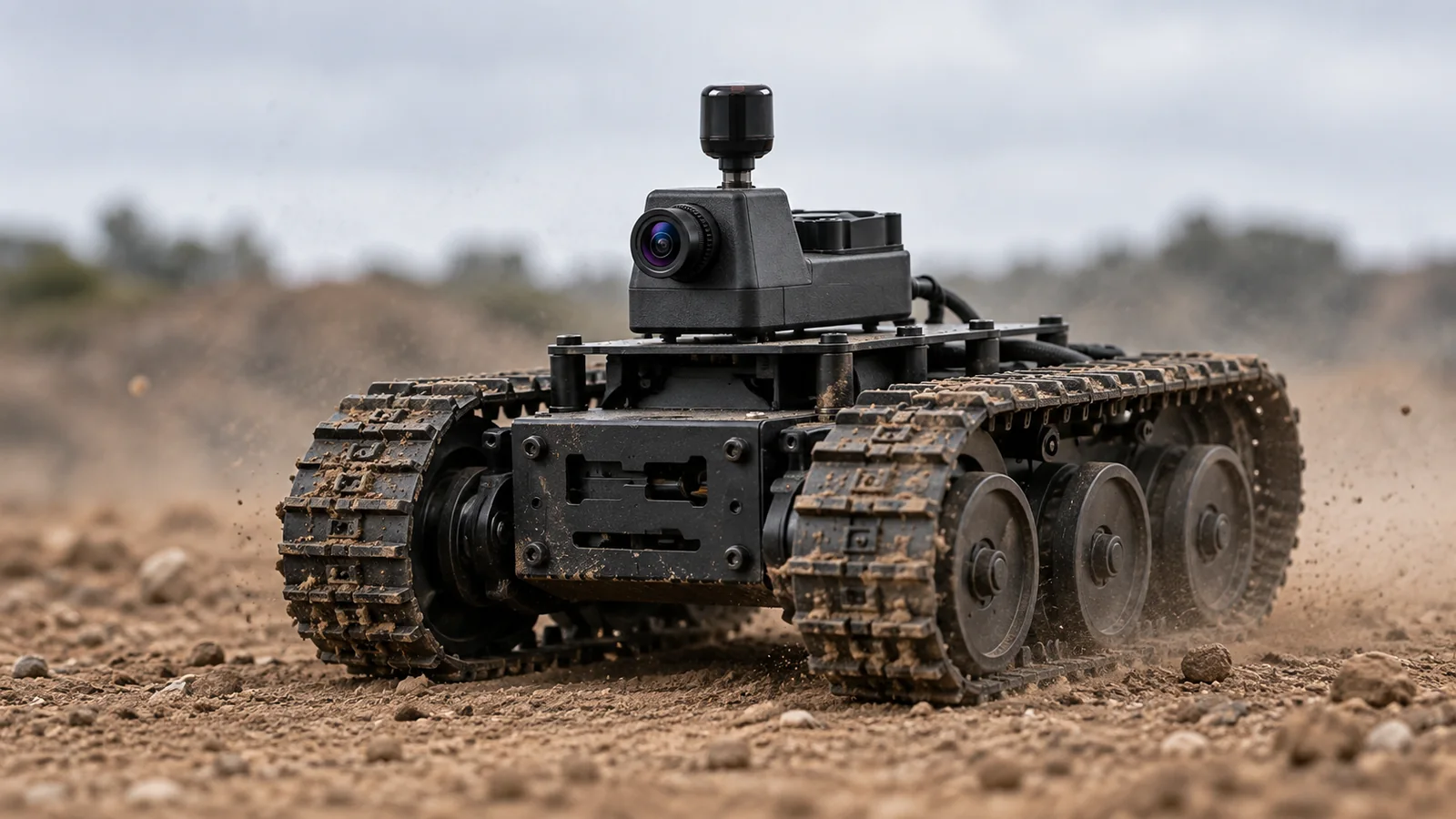 A tracked ground rover carrying a Warg air unit, seen from a low angle