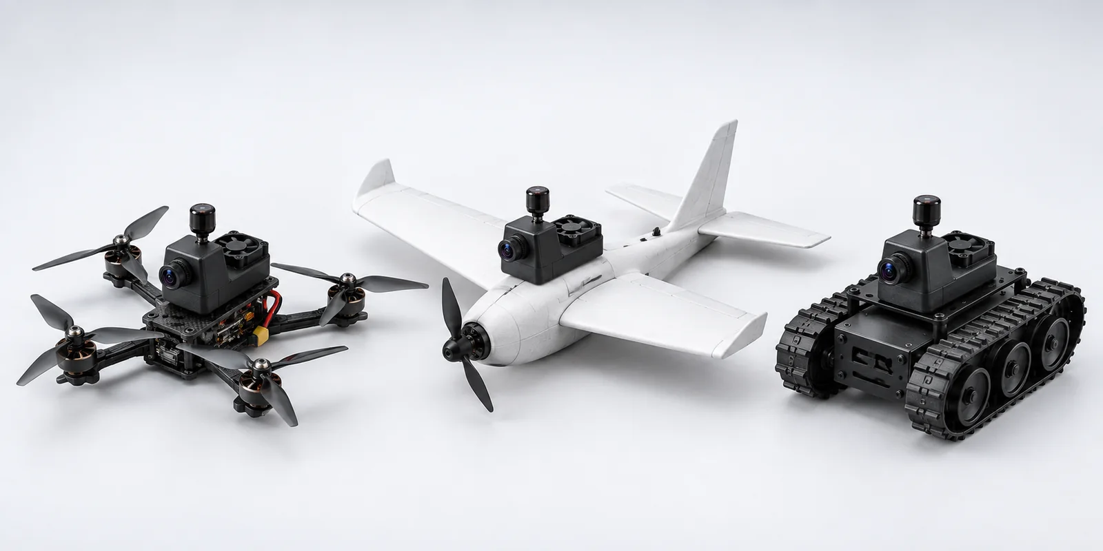 One Warg air unit bolted to three vehicles: a five-inch quad, a fixed wing and a rover