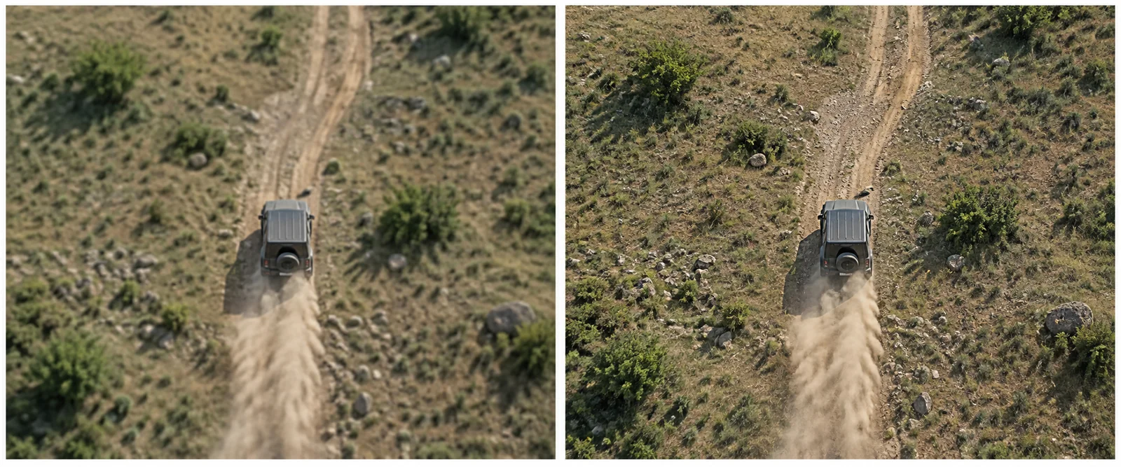 The same moment twice, side by side: the transmitted frame and the onboard recording